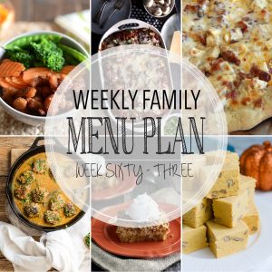 Weekly Family Meal Plan now featuring 4 main dishes, a seasonal recipe, a soup, and two desserts.