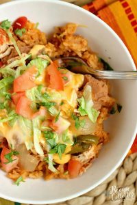 Chicken Fajita Bowlrito - All the great taste of chicken fajitas minus the tortilla made easy with the help of slow cooker mexican chicken!!