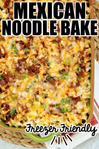 Mexican Noodle Bake - An easy layered casserole filled with seasoned ground beef, a Mexican flavored sauce, cheesy noodles, and topped with shredded cheese.  You will not be slaving away on this delicious meal, I promise!