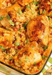 Taco Chicken and Rice is an easy one pan dinner idea with only a few ingredients. It's easy to put together and smells wonderful as it bakes!