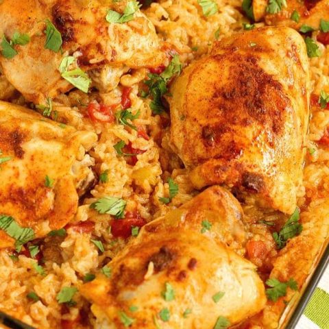 Taco Chicken and Rice is an easy one pan dinner idea with only a few ingredients. It's easy to put together and smells wonderful as it bakes!