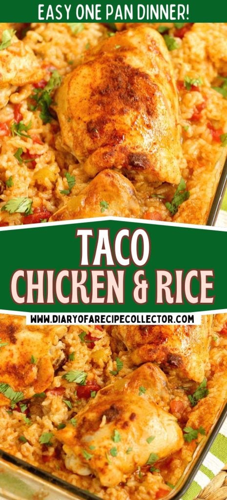 Taco Chicken and Rice is an easy one pan dinner idea with only a few ingredients. It's easy to put together and smells wonderful as it bakes!