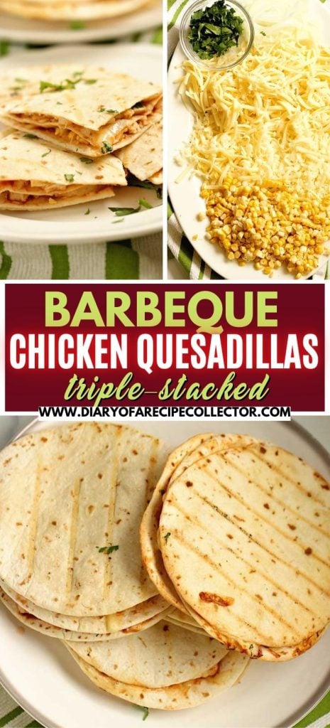 These Barbecue Chicken Quesadillas are triple-stacked with chicken, shredded cheese, grilled corn, thinly sliced onions, cilantro, and barbecue sauce.  They make a fun grilling recipe!!