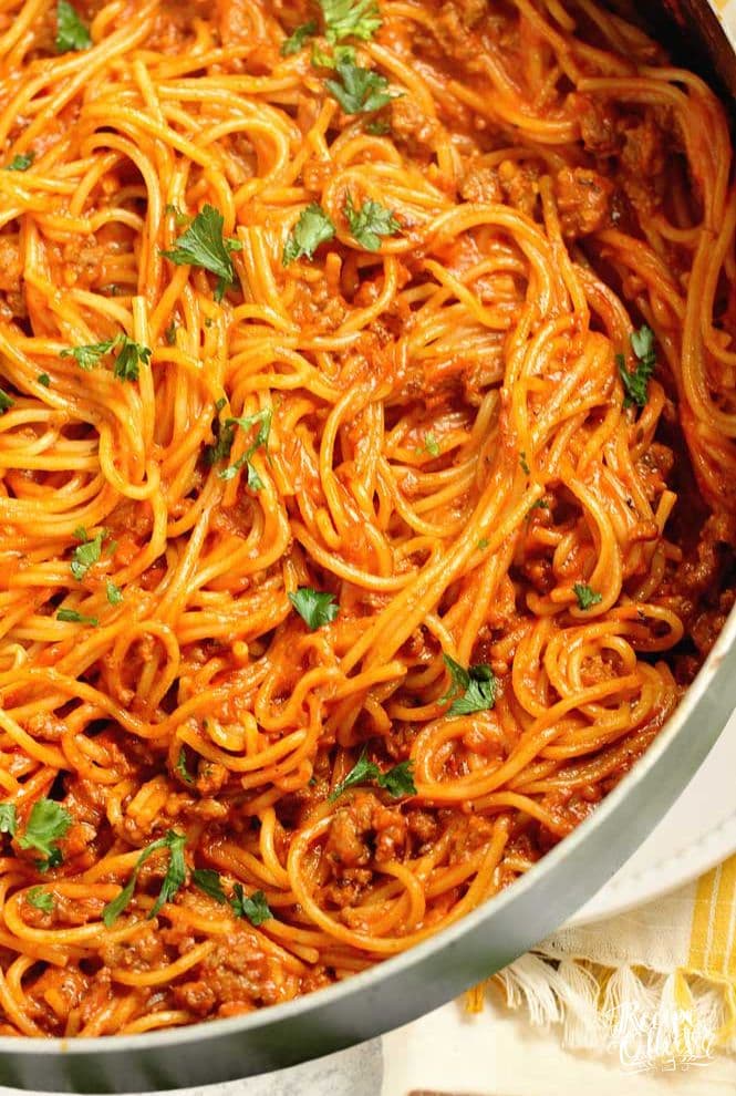 Make your next spaghetti night even easier with this One-Pot Creamy Sausage Spaghetti!