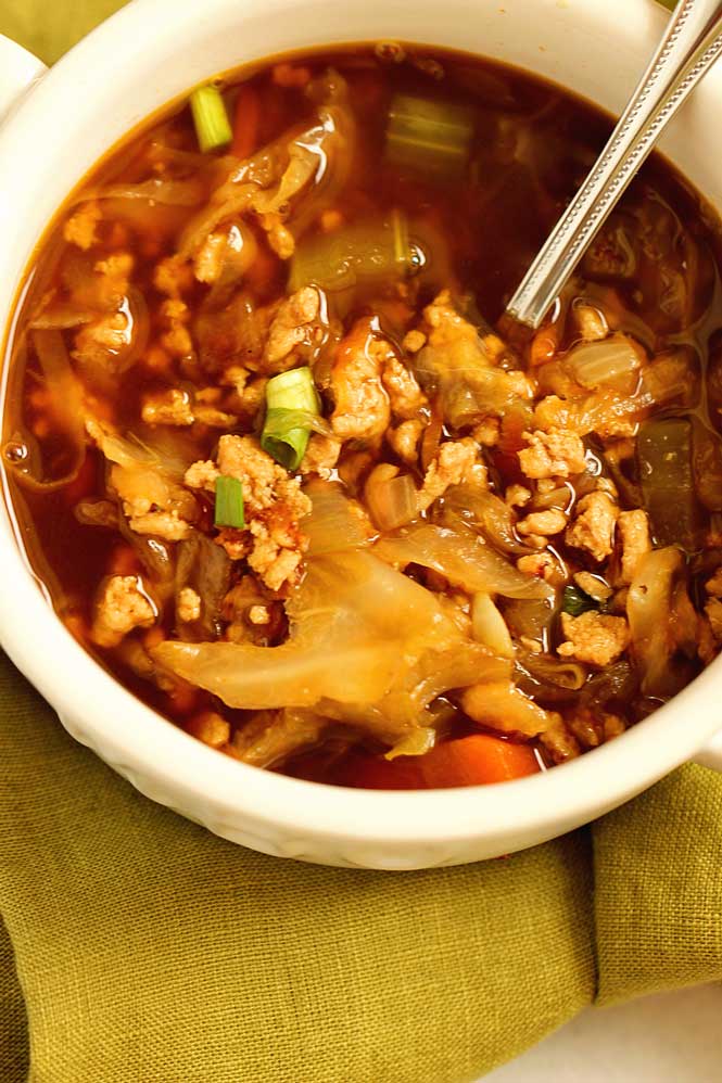 Egg Roll Soup is a delicious low-carb recipe with all the good filling of an egg roll but made healthy with ground chicken. Plus, it is done in about 30 minutes and great for meal-prep!