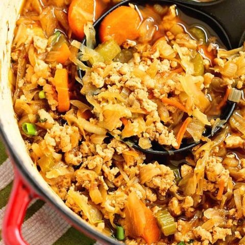 Egg Roll Soup is a delicious low-carb recipe with all the good filling of an egg roll but made healthy with ground chicken. Plus, it is done in about 30 minutes and great for meal-prep!