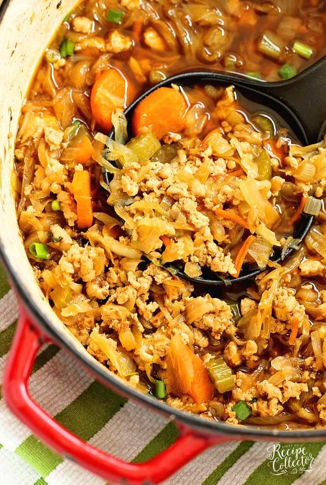 Egg Roll Soup is a delicious low-carb recipe with all the good filling of an egg roll but made healthy with ground chicken. Plus, it is done in about 30 minutes and great for meal-prep!