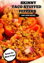 Skinny Taco Stuffed Peppers make a great high-protein, low carb meal prep idea! They are filled with taco flavor and topped with tomatoes, red onion, cilantro, and shredded cheese.