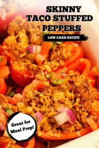 Skinny Taco Stuffed Peppers make a great high-protein, low carb meal prep idea! They are filled with taco flavor and topped with tomatoes, red onion, cilantro, and shredded cheese.